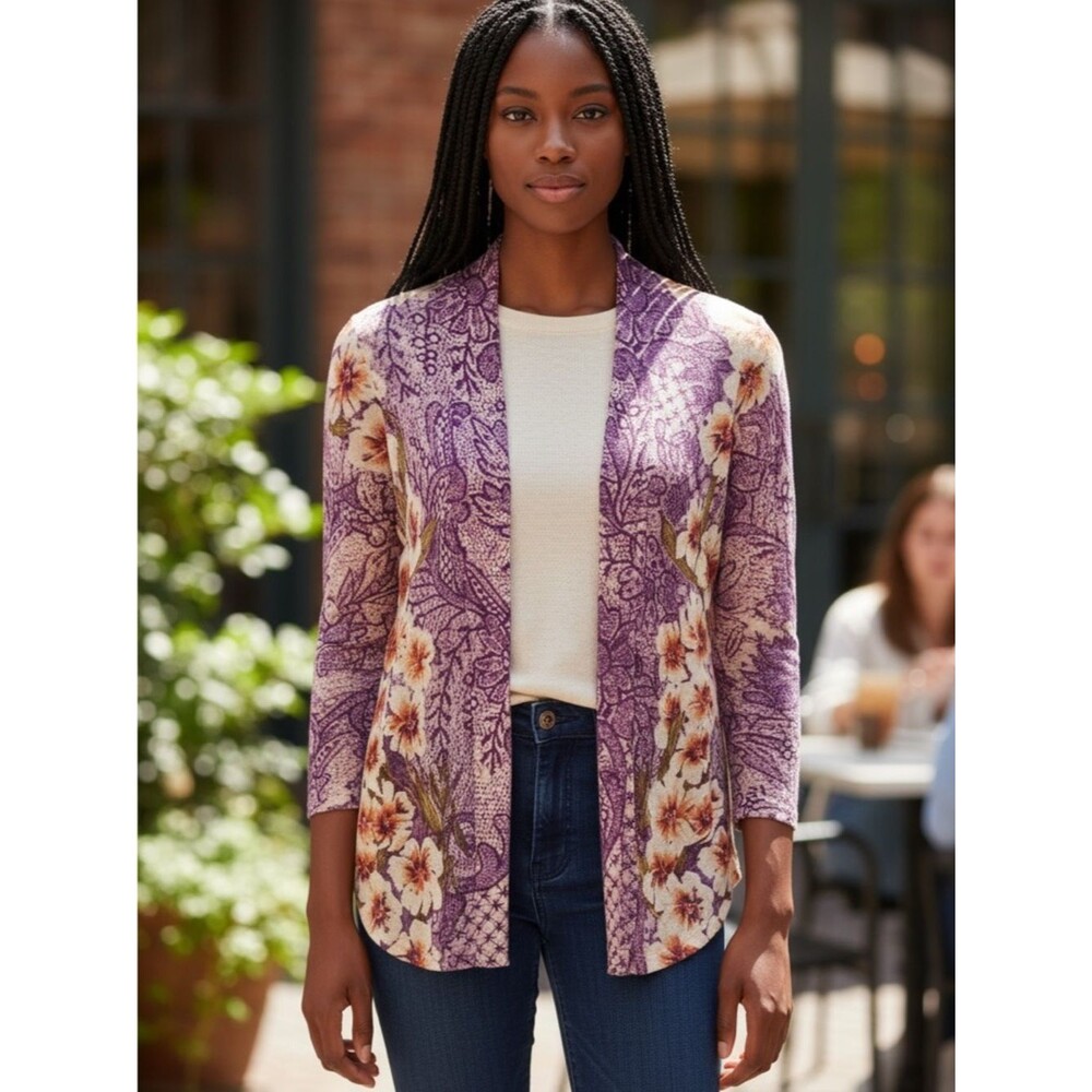 Chico's Purple Floral Open Cardigan Sweater Lightweight 1 8 M